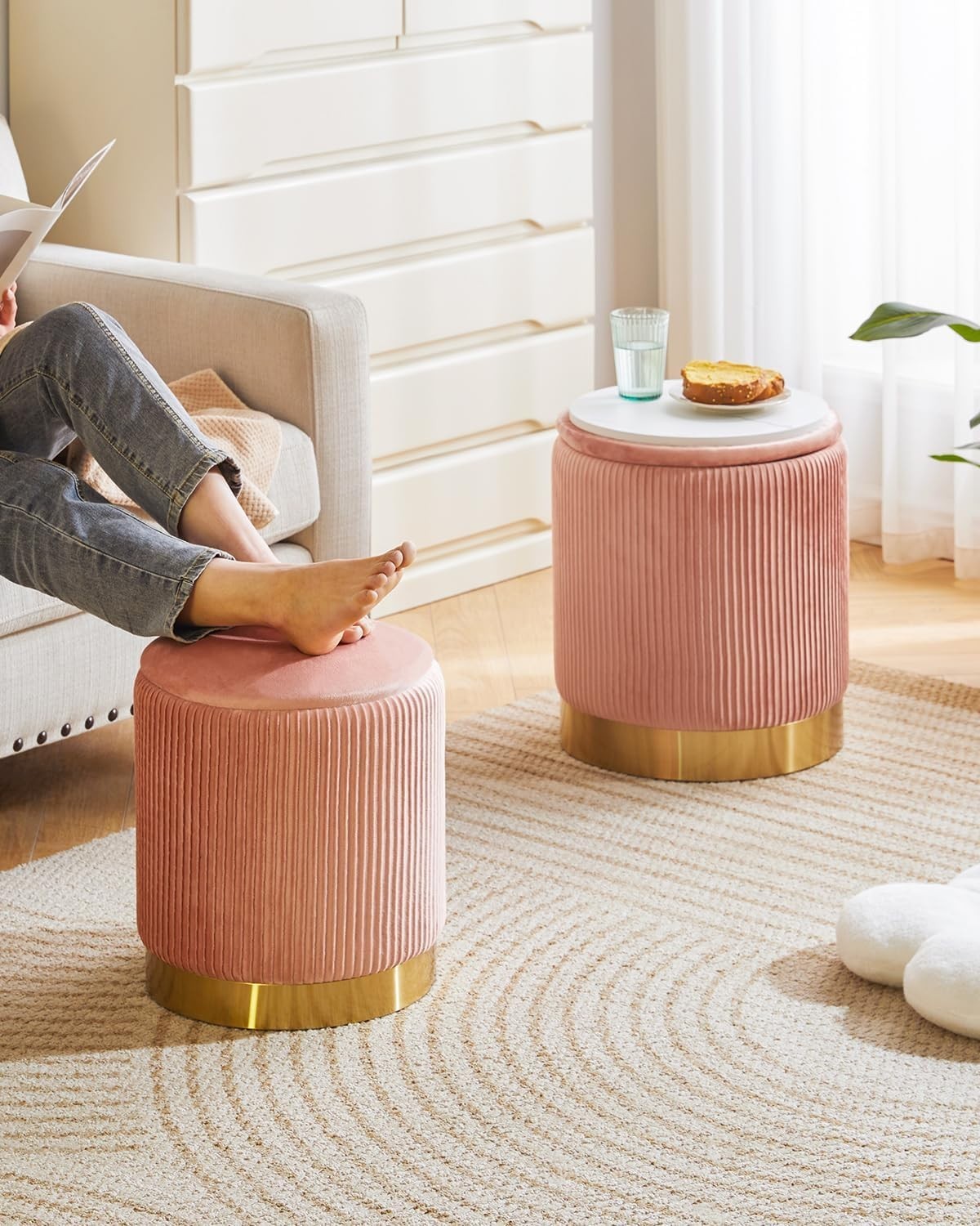 Set of 2 Pink Round Storage Ottomans – Velvet Pouffe Stools & Side Tables