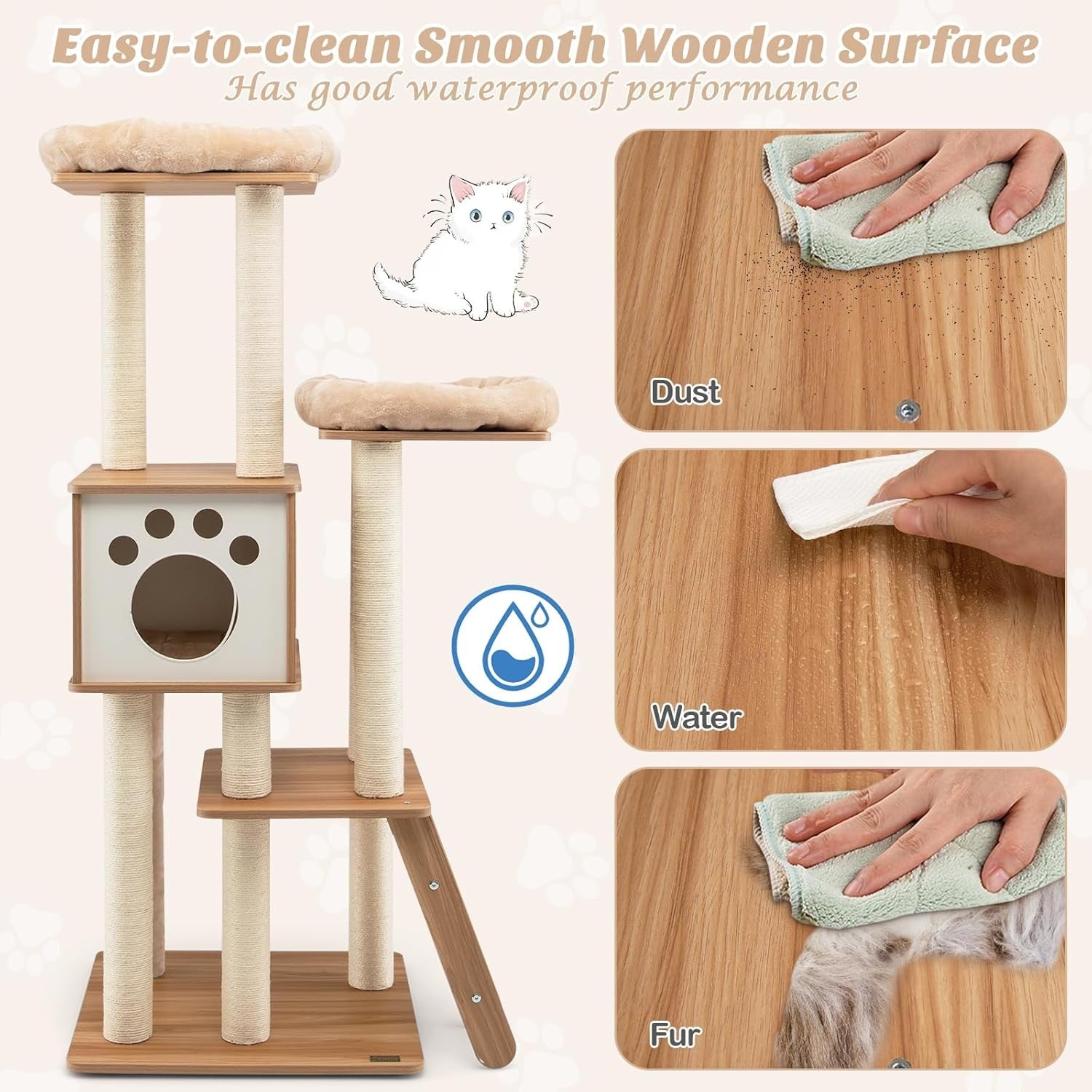 157cm Wooden Cat Tree Beige Tall Tower with Condo Perch Ladder & Sisal Posts