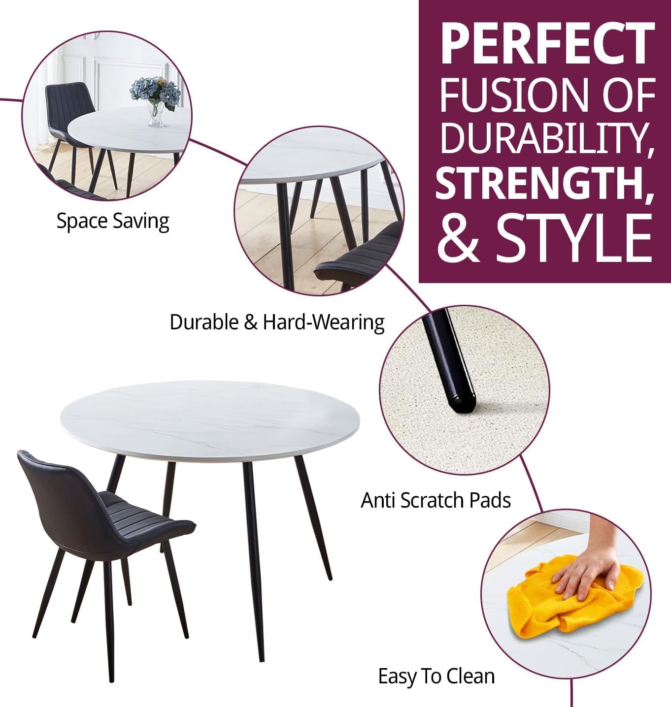 Round Dining Table Set 4 Chairs Black Bonded Leather Modern Kitchen