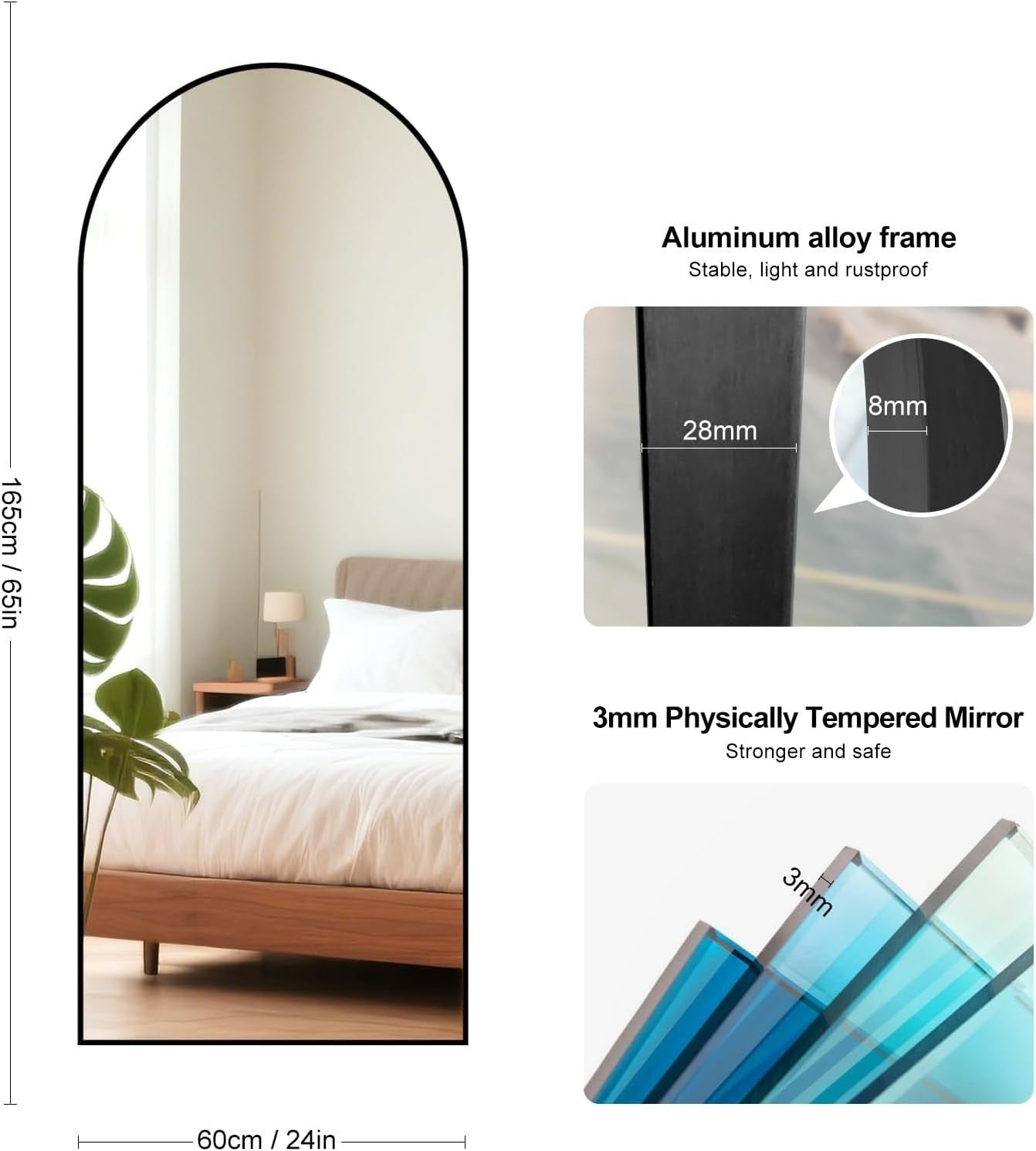 Full Length Arch Mirror 165x60cm Black Frame Tempered Glass Free Standing