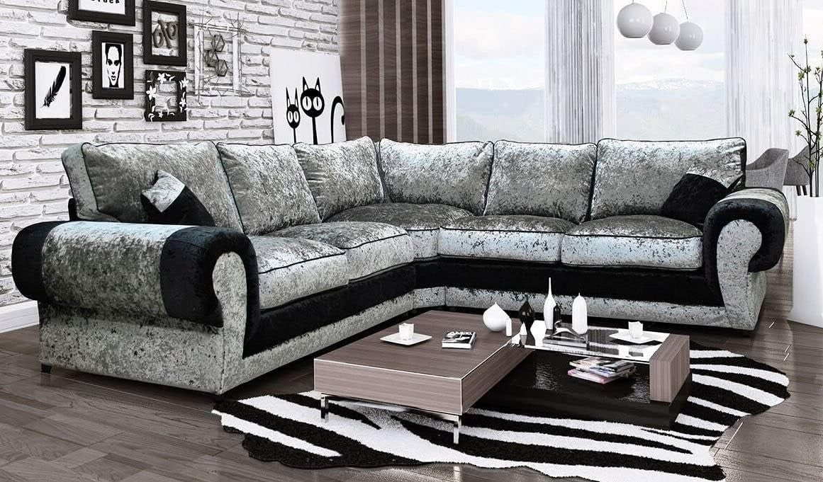 Modern Black/Silver Crushed Velvet Corner Sofa 4-Seater with Free Cushion