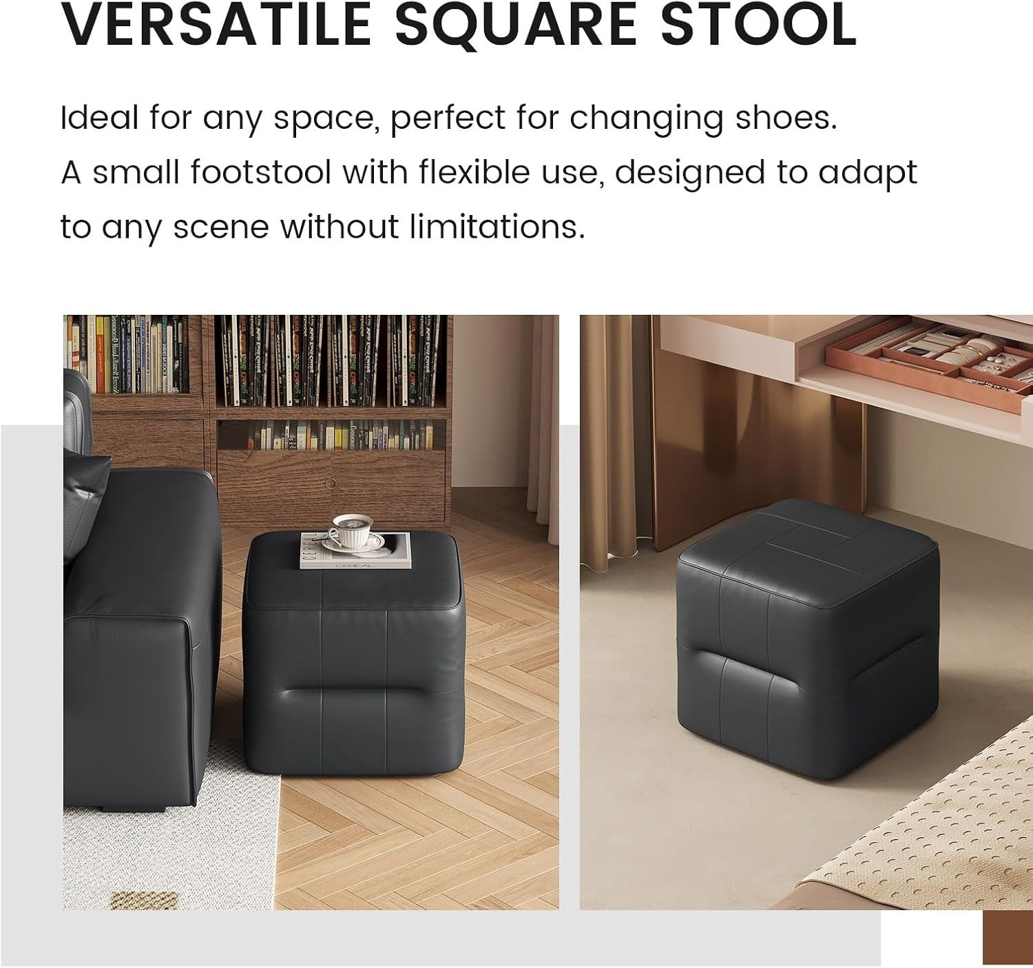 Black PU Leather Square Vanity Stool – Modern Low Footrest Ottoman