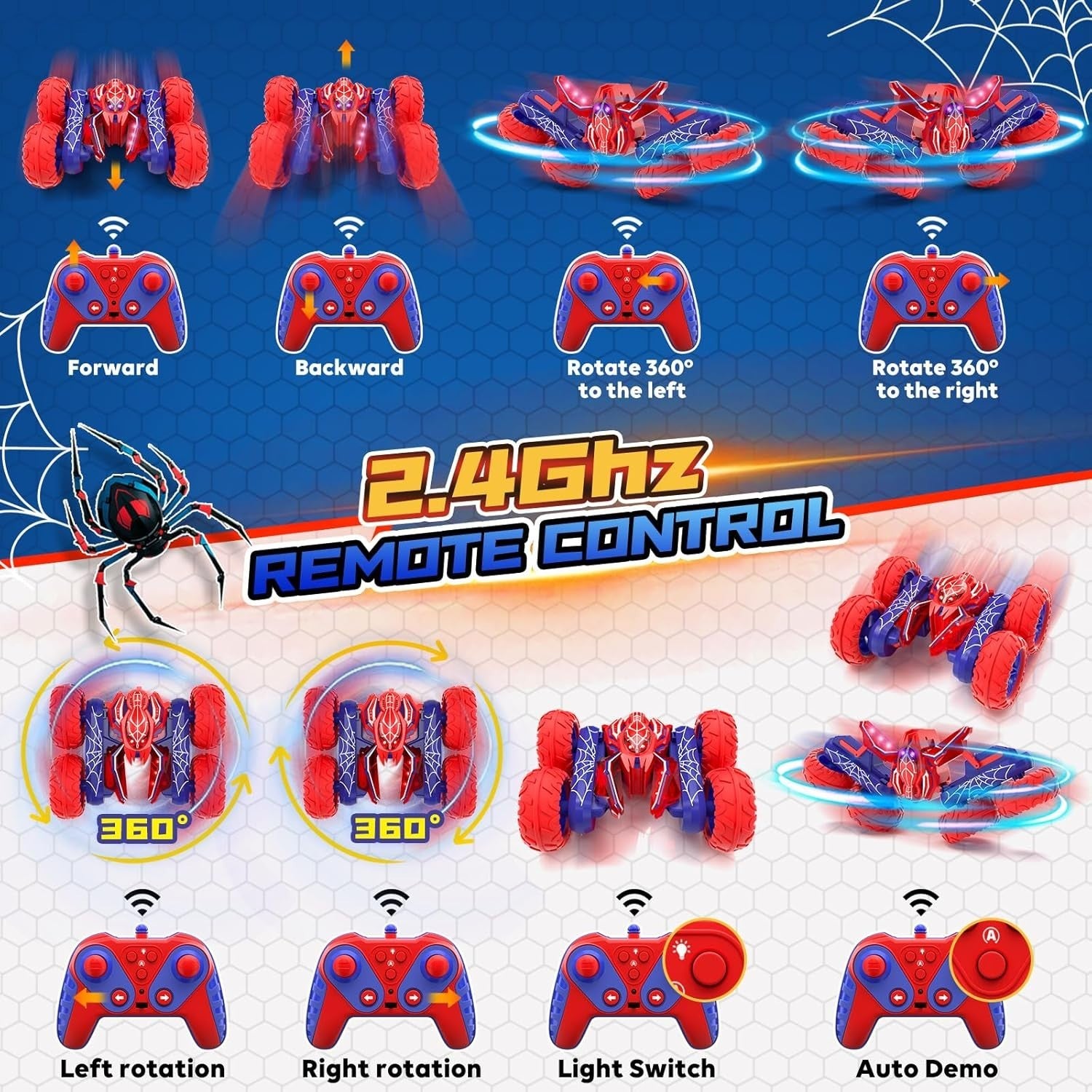 4WD Spider Stunt RC Car with Full-Body Lights – 360° Flip Toy for Kids 3–8+
