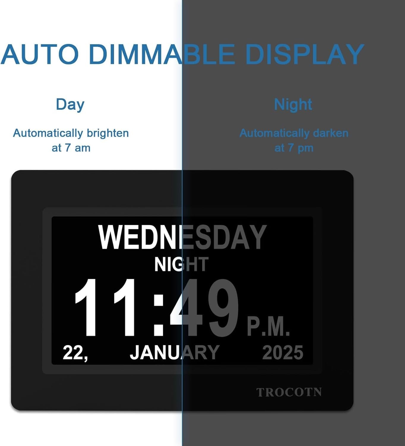 7” Dementia Digital Clock Large Day Date Display Auto Dimming Elderly