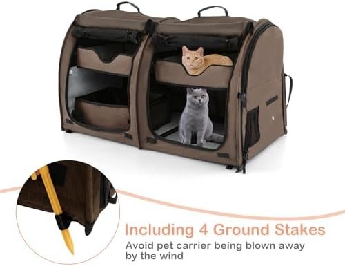 Foldable 2-in-1 Pet Carrier Brown Cat Dog Travel Crate with Hammocks & Litter Bo