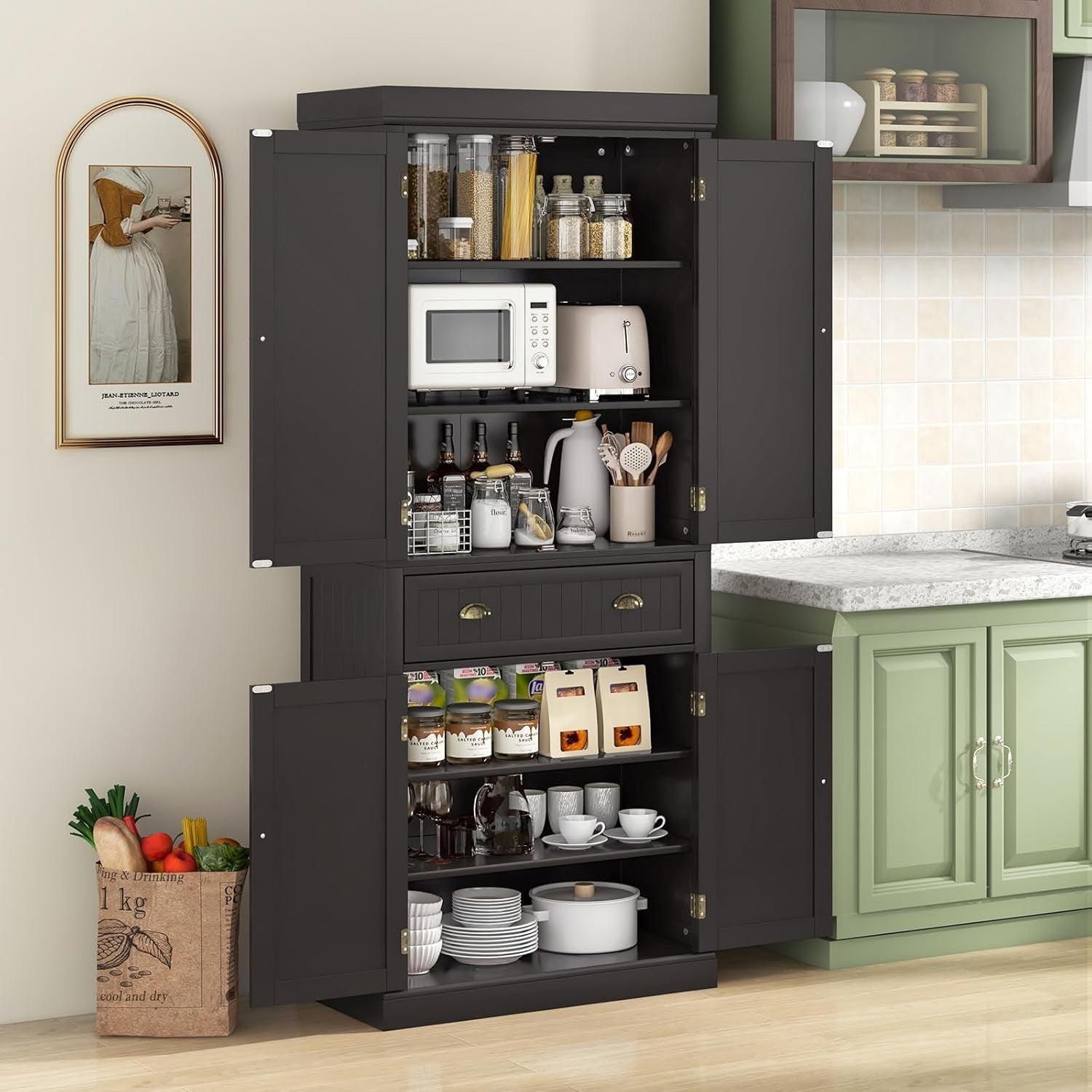 182cm Espresso Kitchen Pantry Cupboard | 4 Adjustable Shelves & 1 Drawer