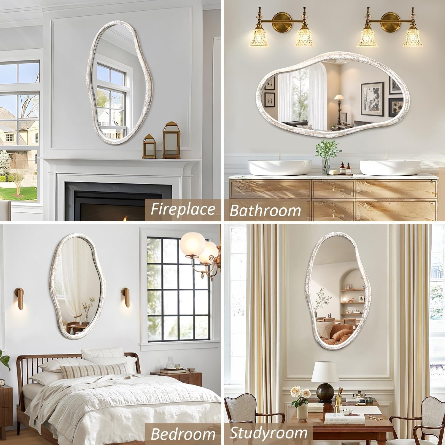 85x55cm Irregular Wall Mirror White Frame Modern Hallway Bathroom Decor