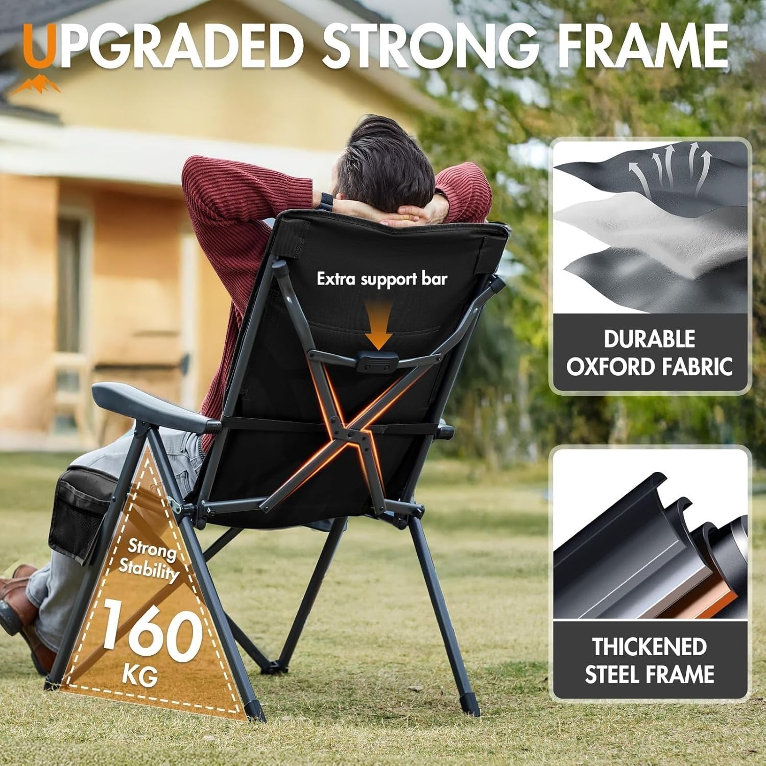 Reclining Folding Camping Chair Padded Heavy Duty 160KG XL with Cup Holder
