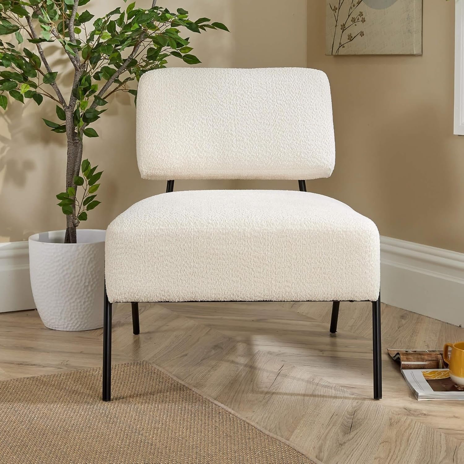 Boucle Accent Chair Cream Lounge Seat Black Metal Legs