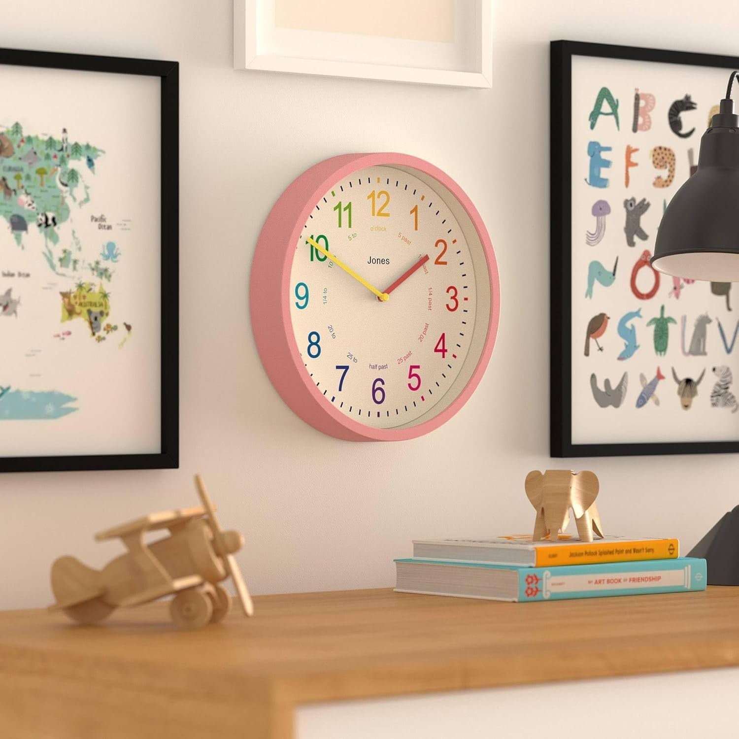 25cm Kids Wall Clock Pink – Silent Non-Ticking Colourful Numbers Learn Time