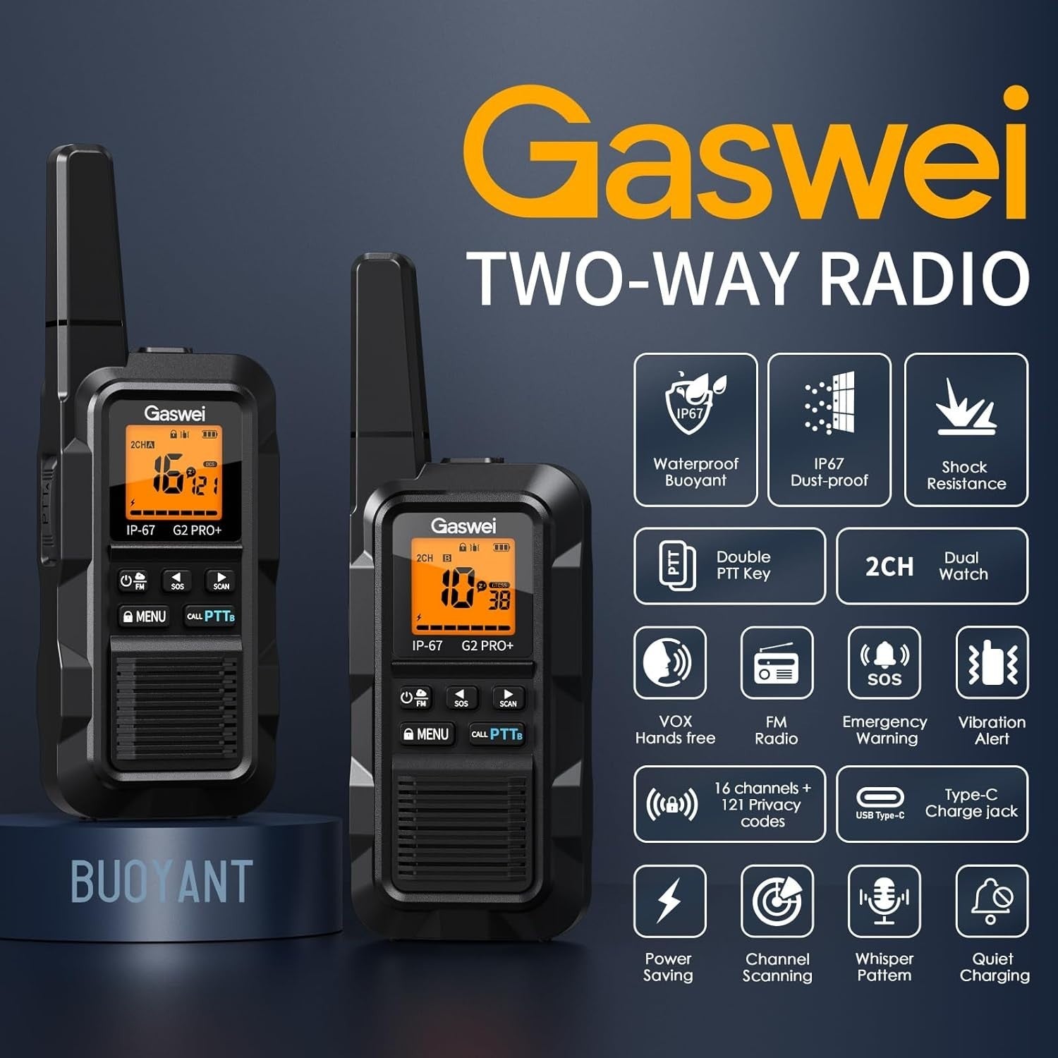 IP67 Waterproof Floating Walkie Talkies 2 Pack Long Range VOX FM SOS