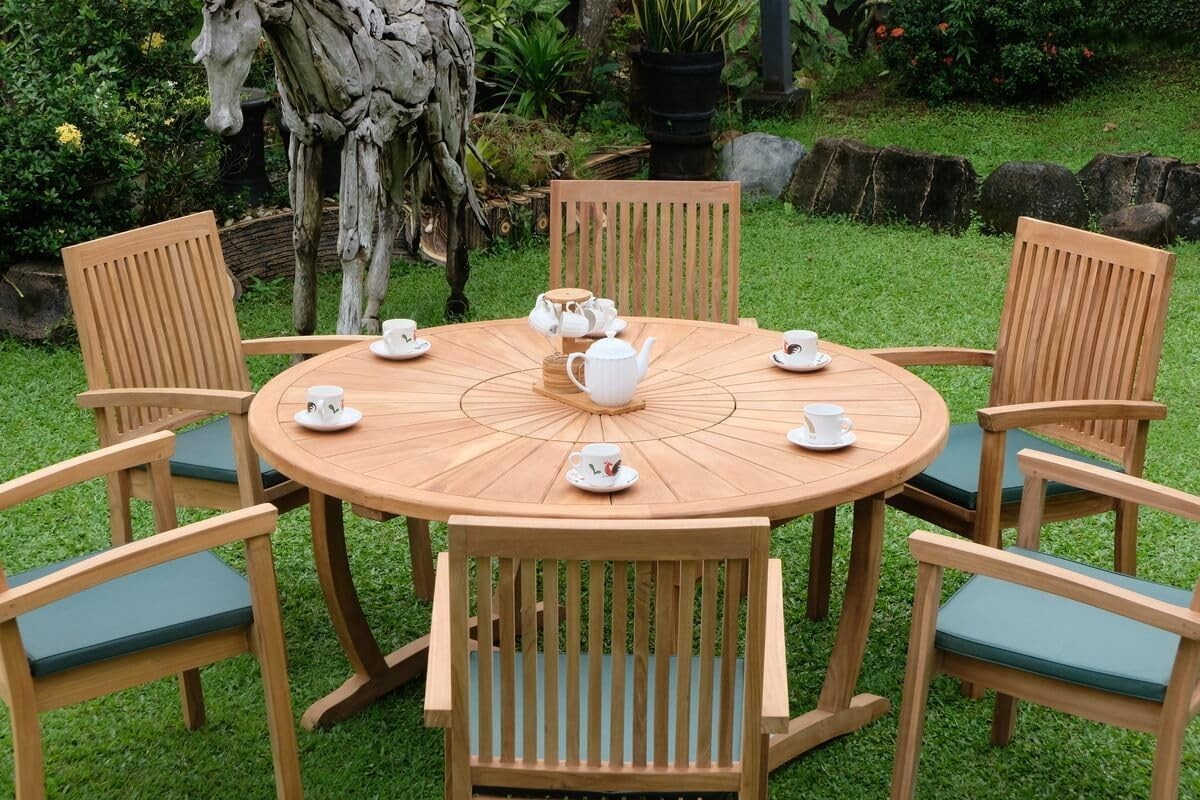 Teakwood Outdoor Garden Dining Set with Parasol & Cushions - 7 Piece Patio