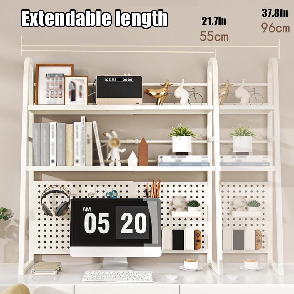 Expandable 2-Tier Desktop Bookshelf | White Metal Desk Hutch w/ Pegboard 55–96cm