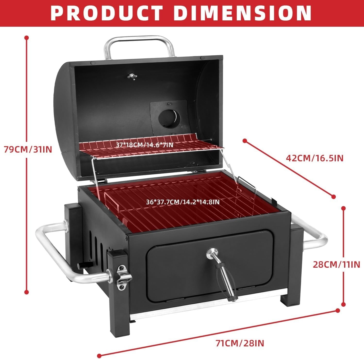 Portable Charcoal BBQ Smoker Grill with Thermometer – Dual Height Adjustable