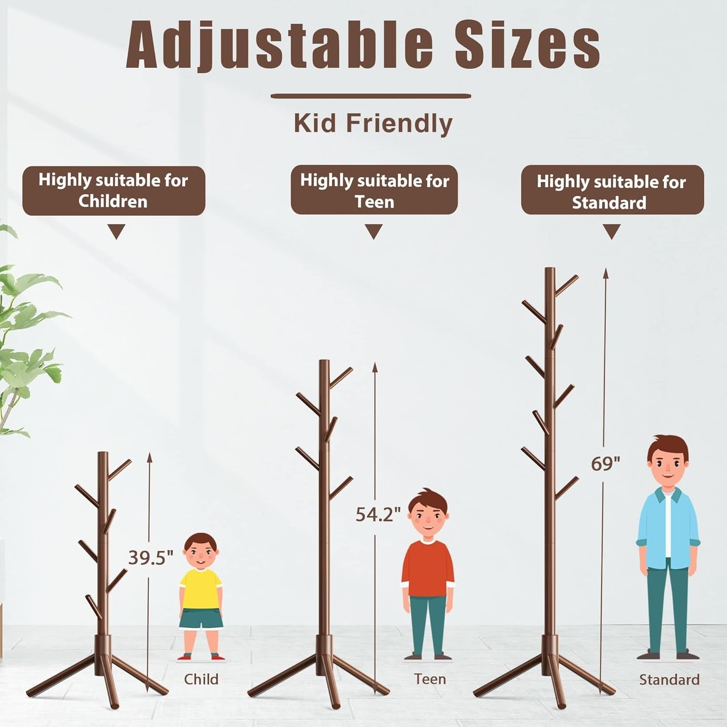 Wooden Coat Rack Stand with 8 Hooks Adjustable Pine Hallway Clothes Tree