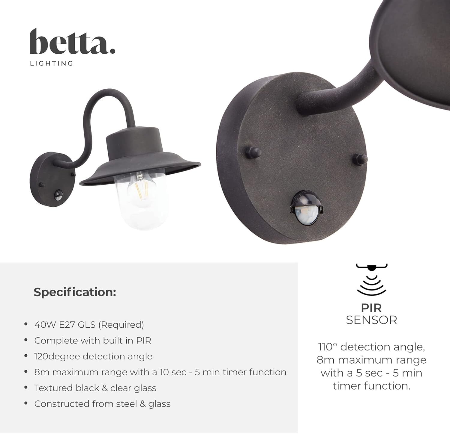 Outdoor Wall Light Black Fisherman Lantern IP44 Motion Sensor