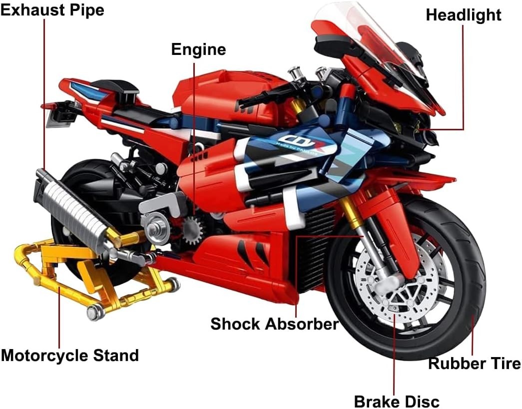 Motorcycle Building Kit 1017pcs Red Model, Realistic Details, Gift Toy