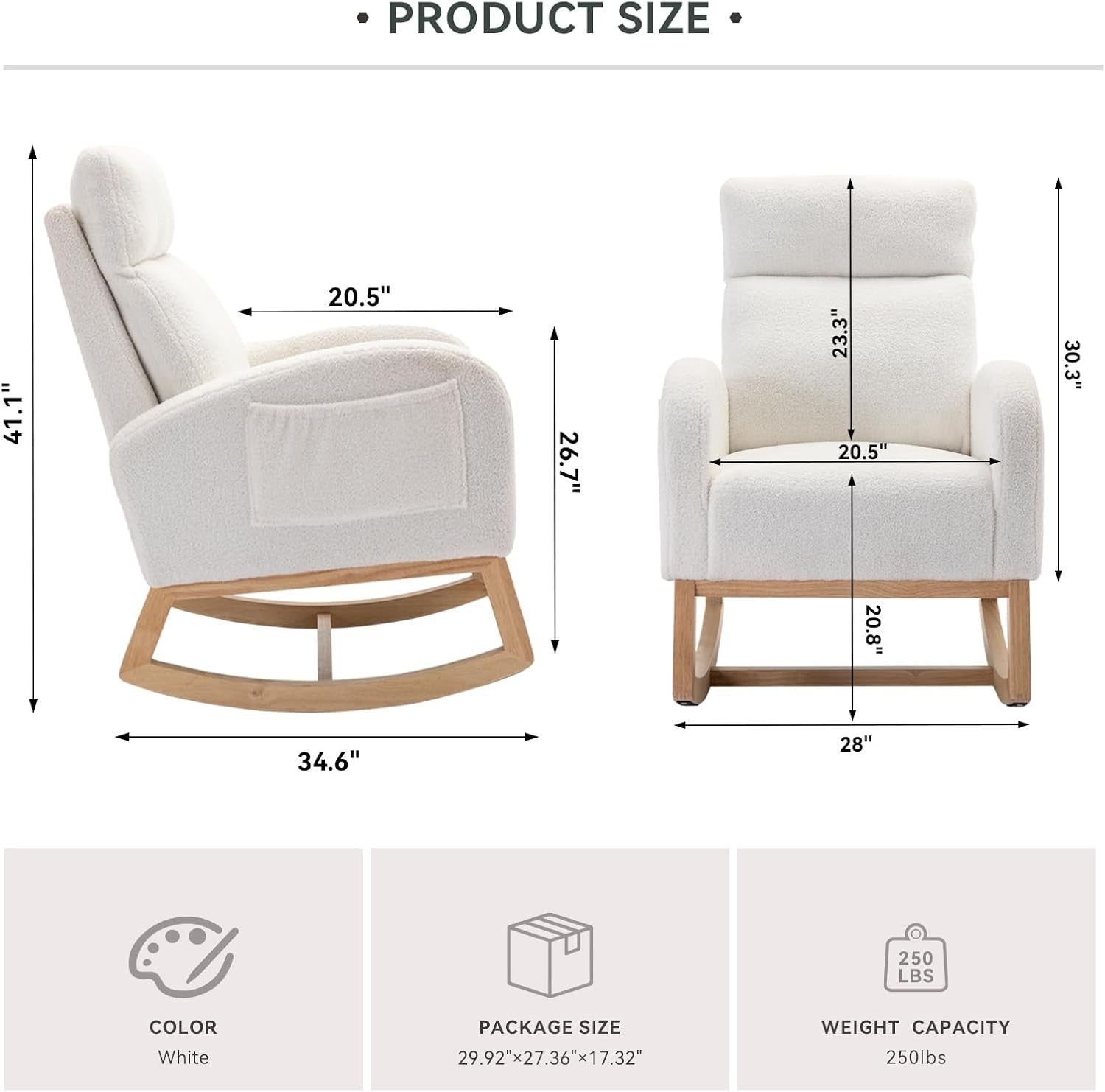 Comfy Rocking Chair for Adults Nursery Bouclé Glider w/ Wood Base Ivory