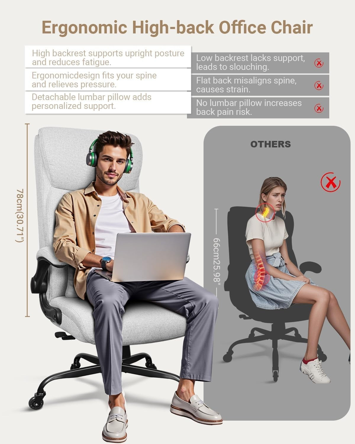 Tall Ergonomic Office Chair High Back Big & Tall Computer Desk Seat w/ Armrests