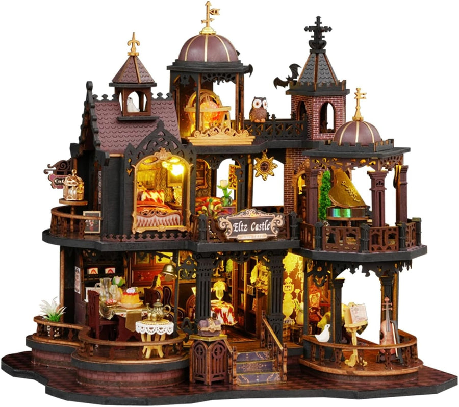 3D Wooden Dollhouse Kit with LED Light, Miniature Furniture & DIY Build