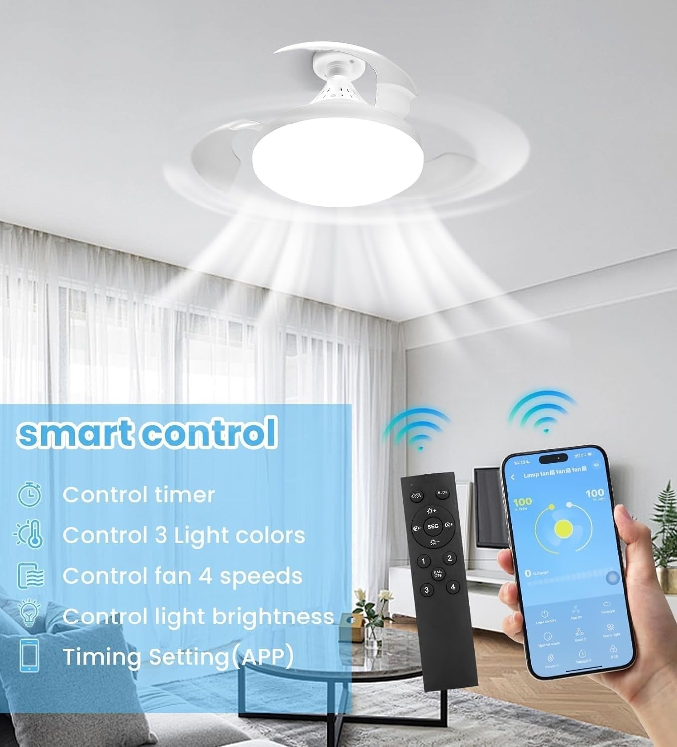 Ceiling Fan Light, 40W Retractable Smart Fan, 4 Speeds, 3 Colors, Remote, LED