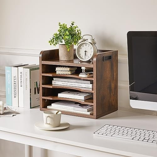 5 Tier Wooden Desk File Organiser A4 Paper Tray Magazine Holder