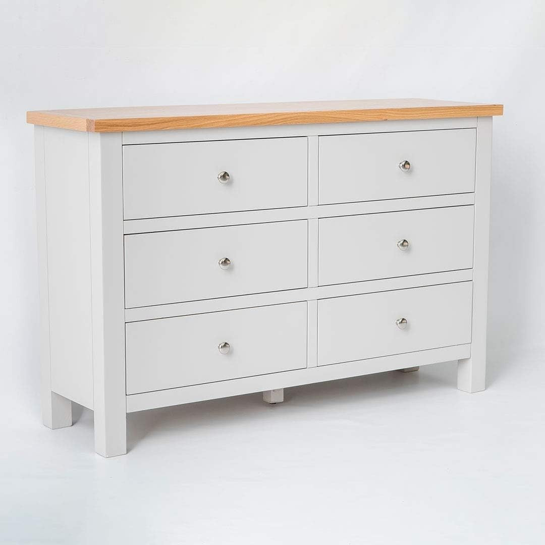 Large Grey Wooden Chest of Drawers 6 Spacious Drawers Solid Oak Top 78x120cm