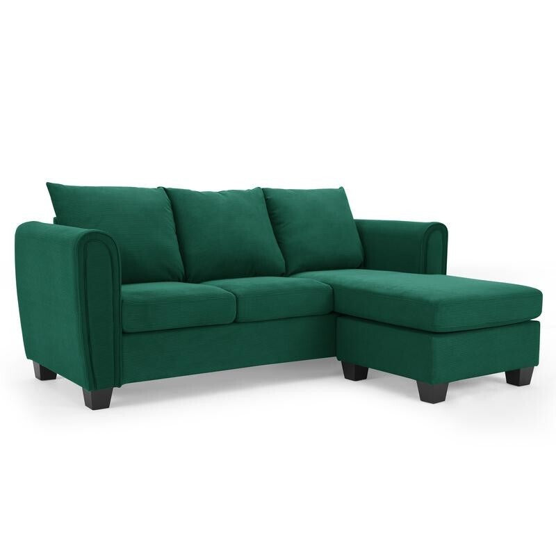 Green Cord 3 Seater Sofa with Chaise Reversible Corner Couch UK