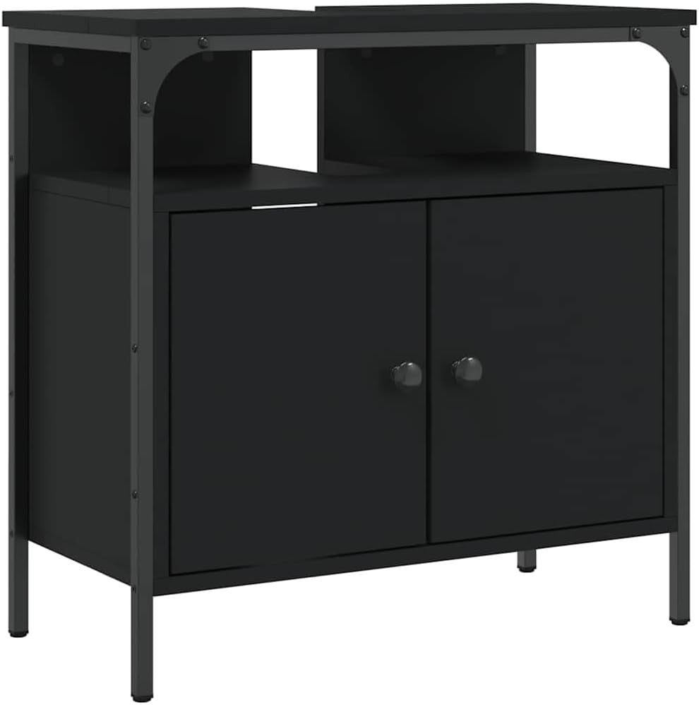 Black Under Sink Bathroom Cabinet 2 Door Vanity Storage Unit with Open Shelf