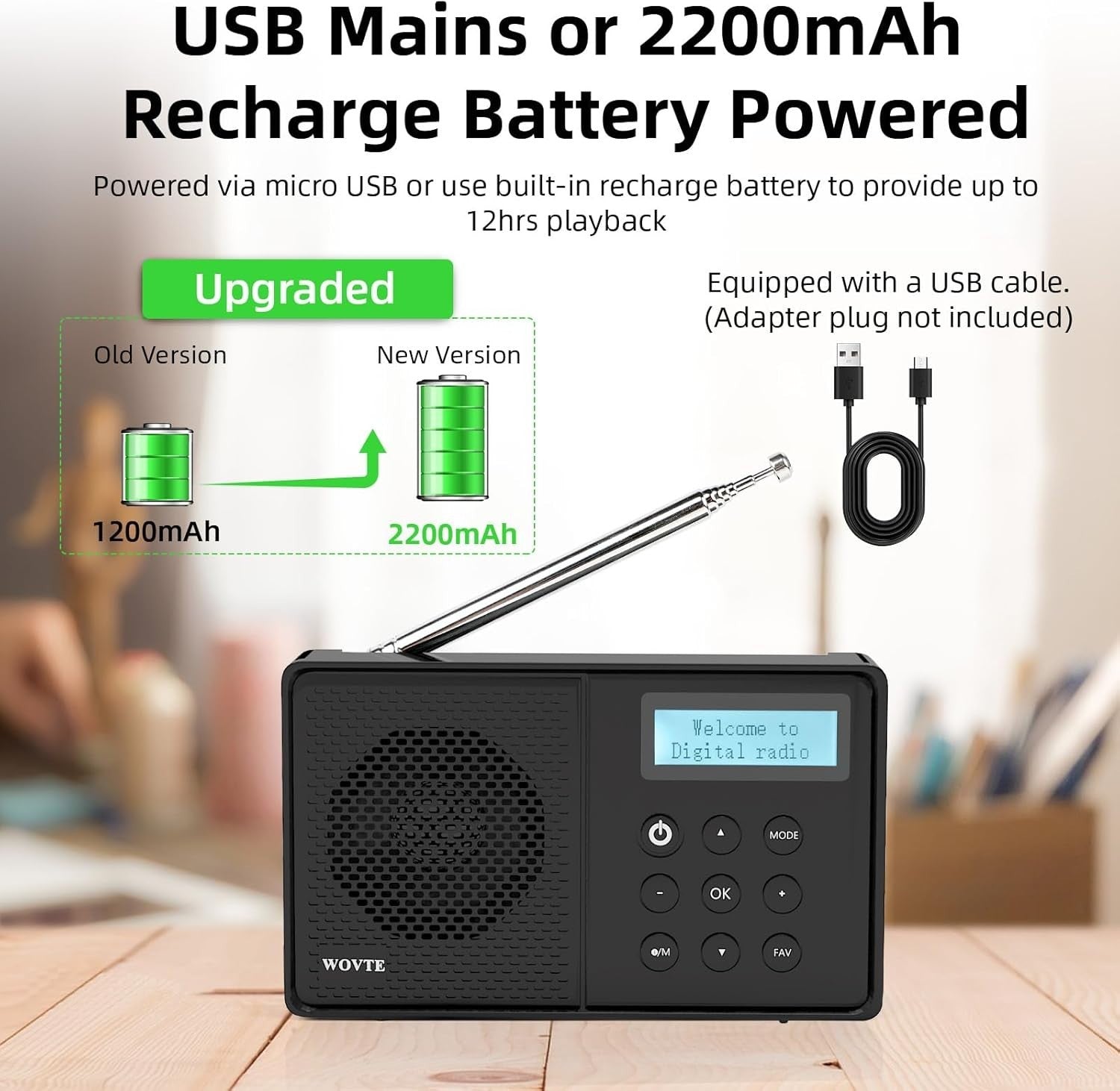 Portable DAB+ FM Radio Bluetooth USB LED Alarm Clock Rechargeable