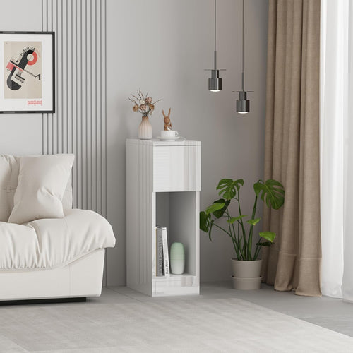 Slim White Bedside Table with Drawer & Shelf – Modern Narrow Nightstand
