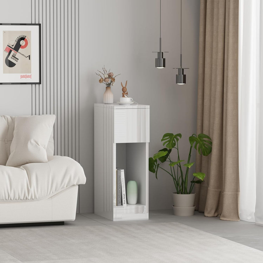 Slim White Bedside Table with Drawer & Shelf – Modern Narrow Nightstand