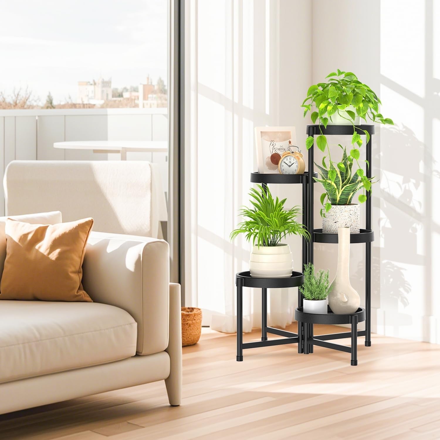 5 Tier Folding Plant Stand Indoor Outdoor | Black Metal Corner Flower Display