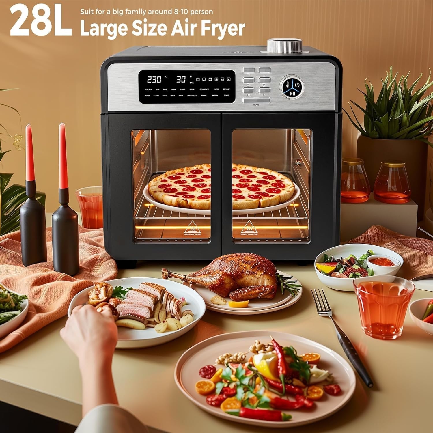 28L Air Fryer Oven Rotisserie 18-in-1 1700W Window Light 30-230C No Oil