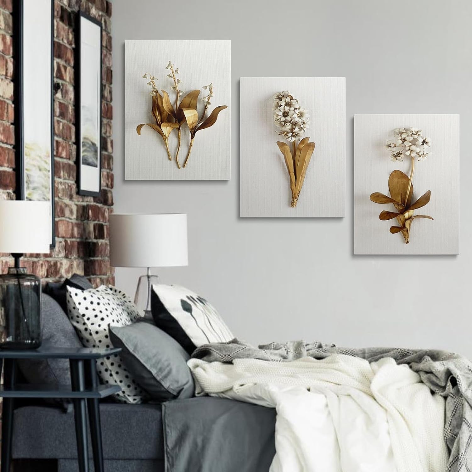 Framed Autumn Floral Canvas Wall Art Set of 3 16x12 Neutral Decor