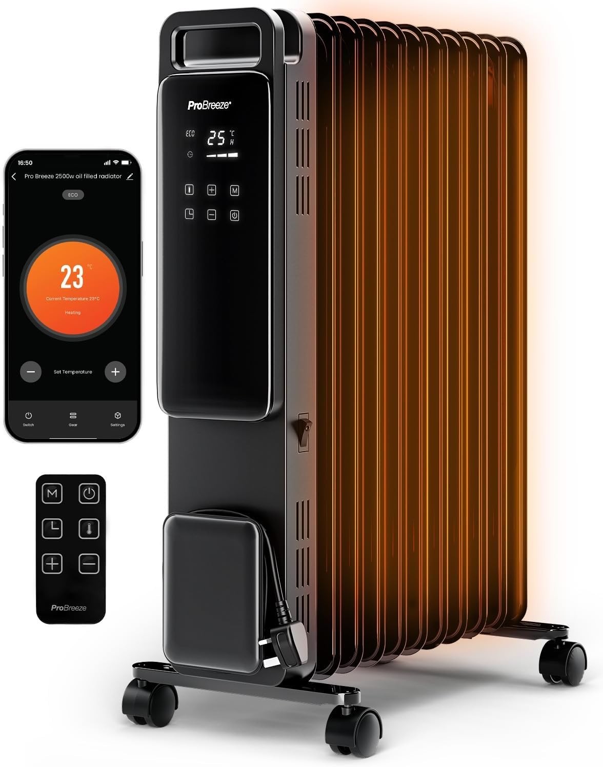 2500W Smart Oil Filled Heater WiFi App Digital Thermostat Timer Black