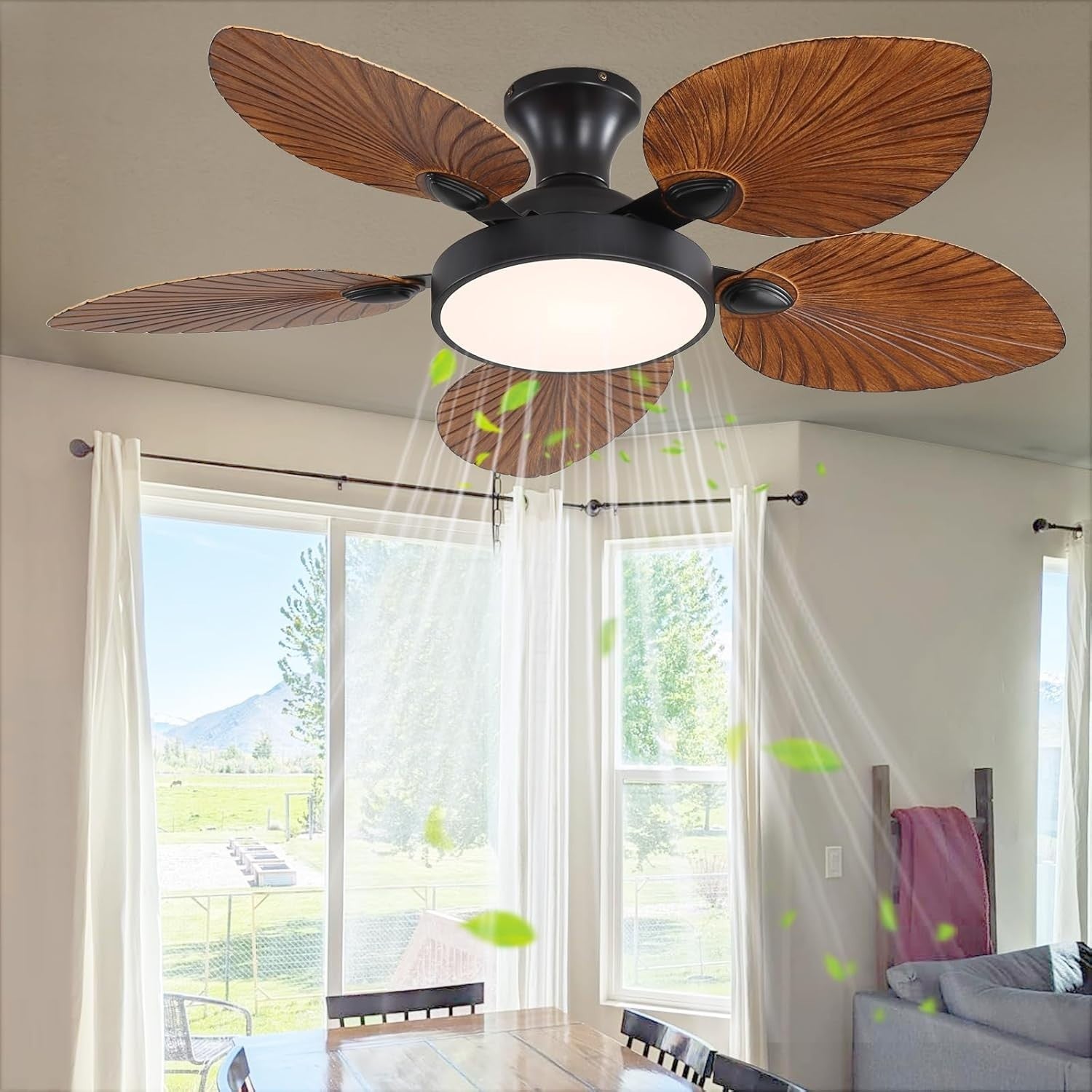 Fanyank 46" Tropical Ceiling Fan with Light, Palm Leaf, 6-Speed, Remote