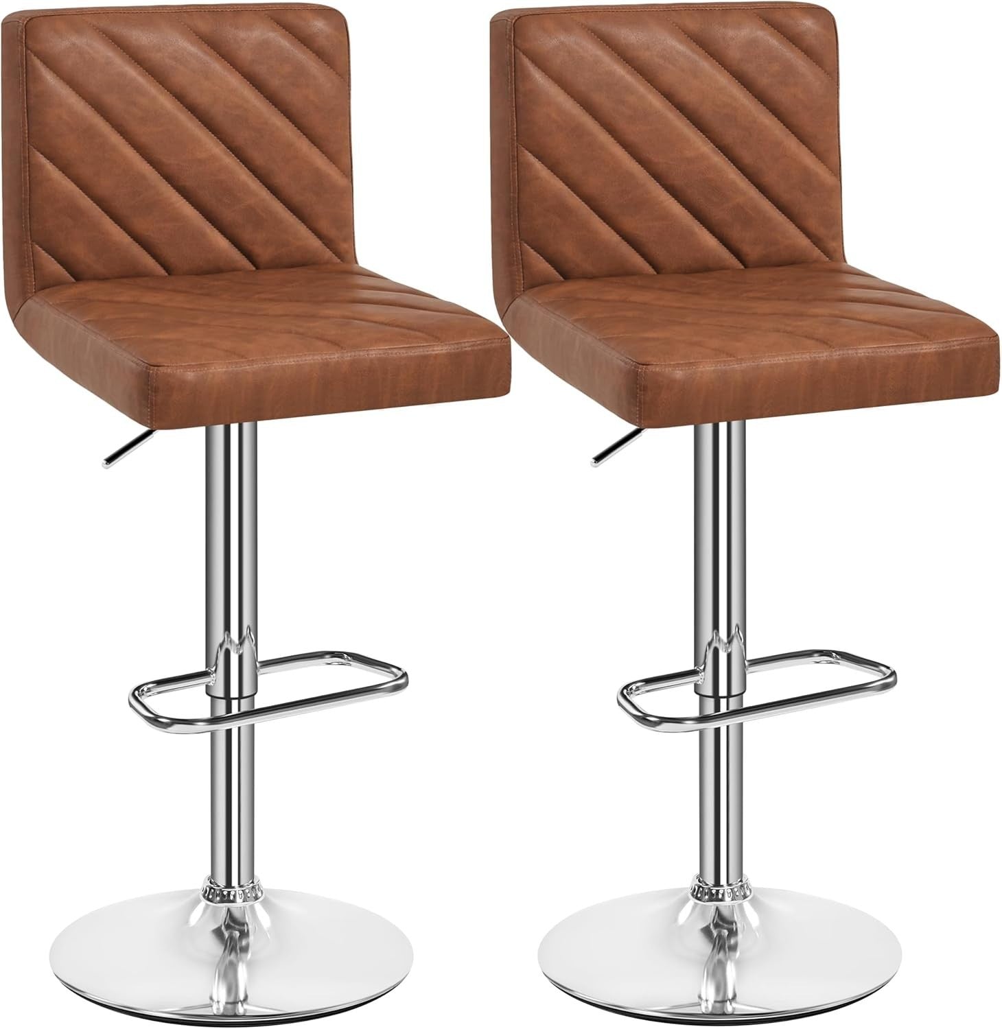 Retro Brown Adjustable Swivel Bar Stools Set of 2 Faux Leather Chairs