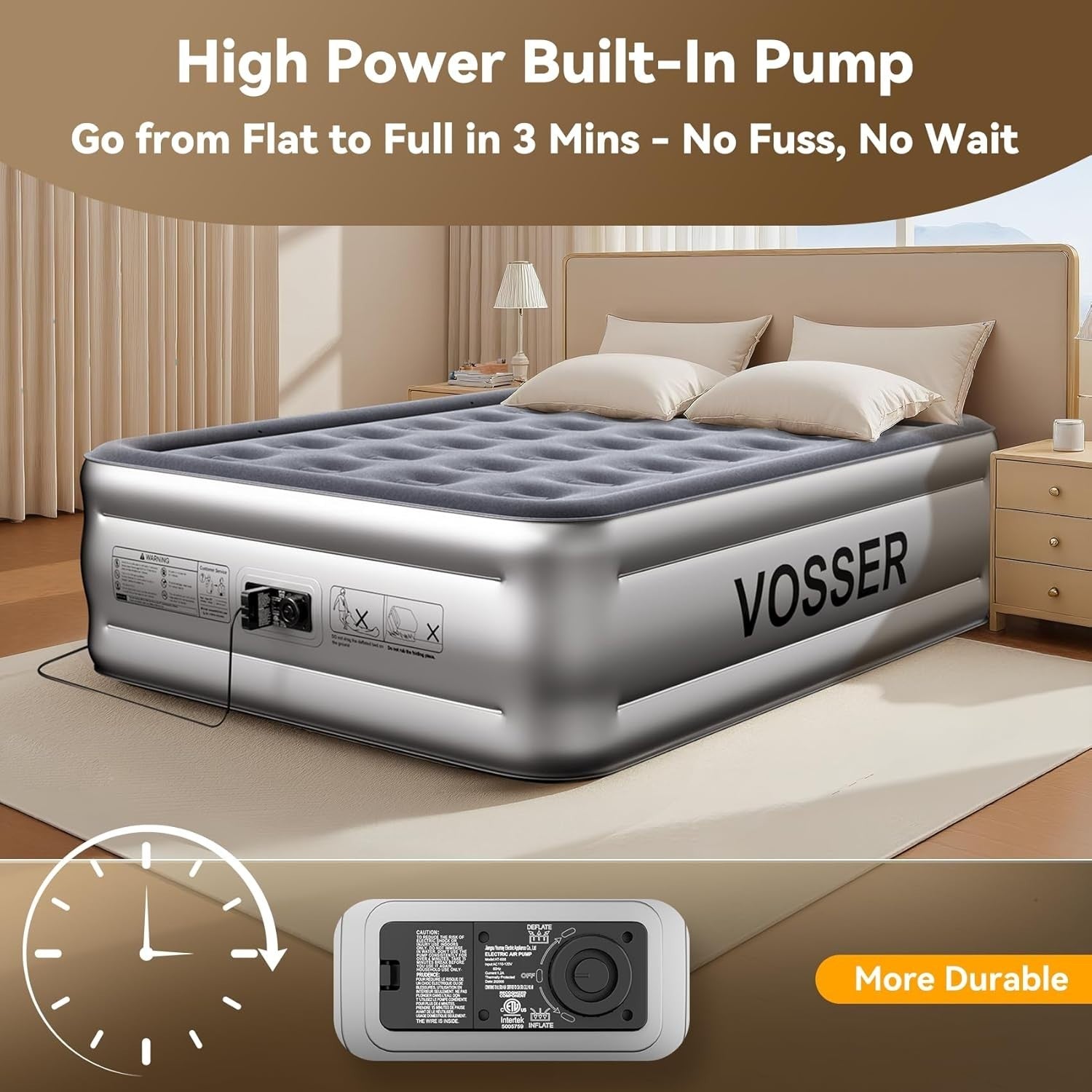 Full Air Mattress Built-In Pump 18” 3 Min Self Inflating Inflatable Bed