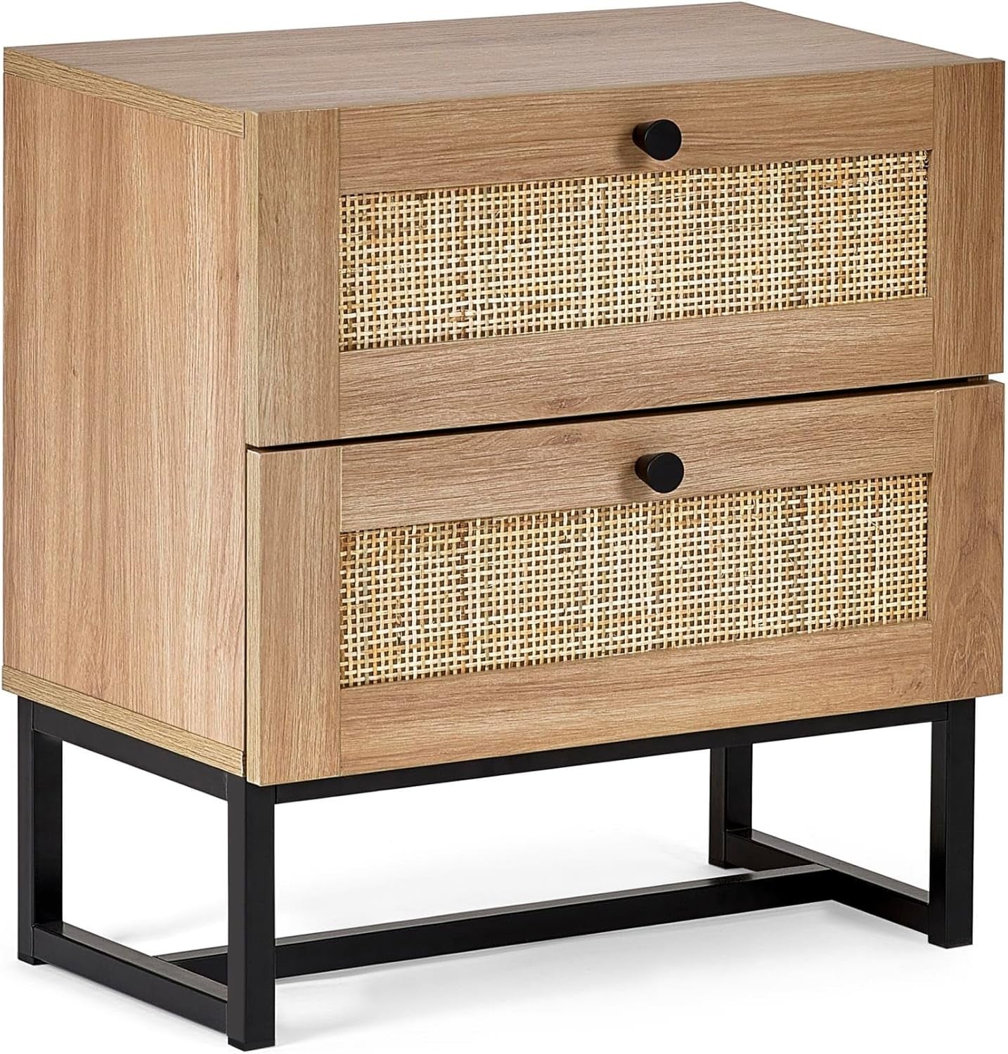 Modern Oak 2 Drawer Bedside Table with Rattan Front 50x30x55cm