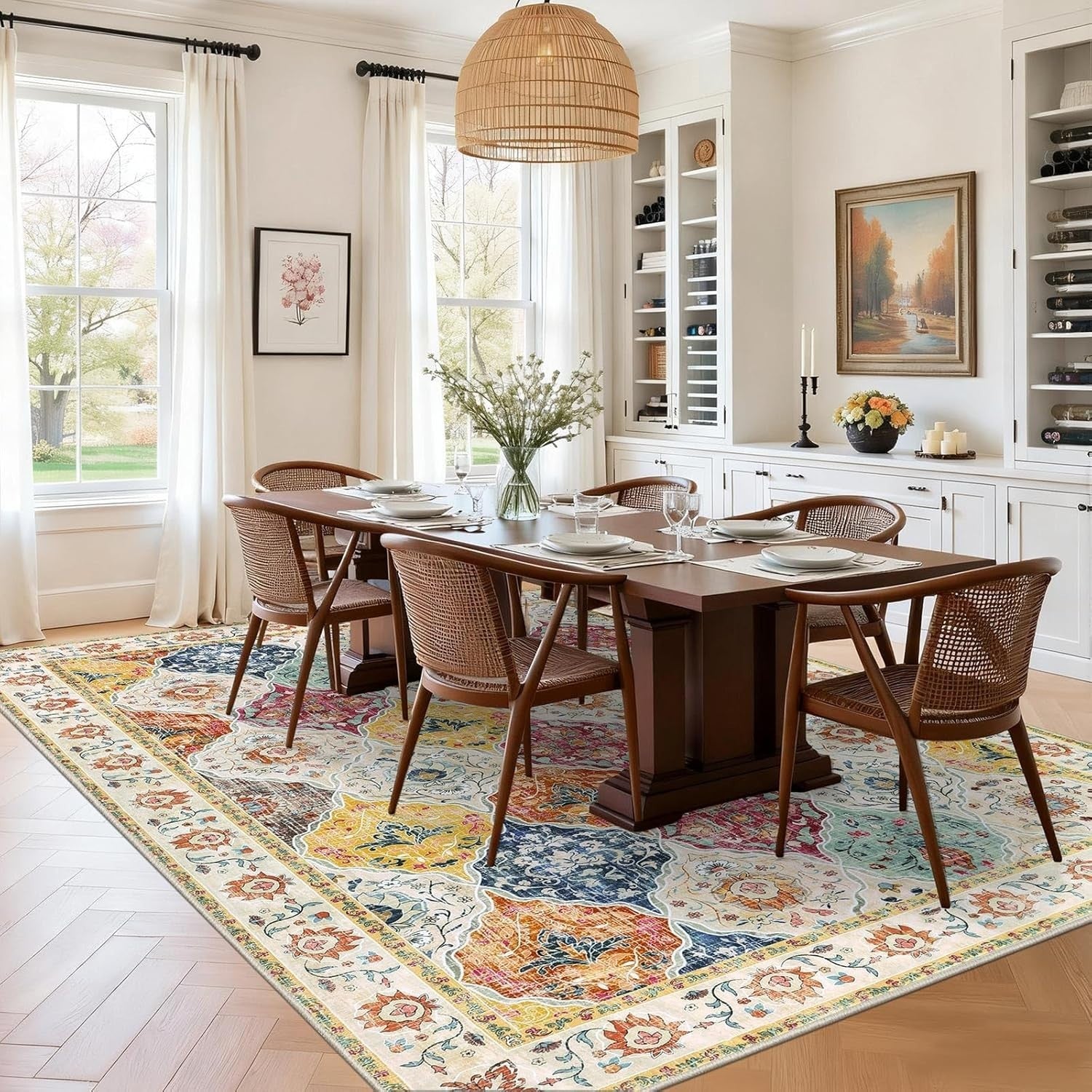 Vintage Area Rug 160x230cm Washable Non Slip Boho Floral Living Room Carpet