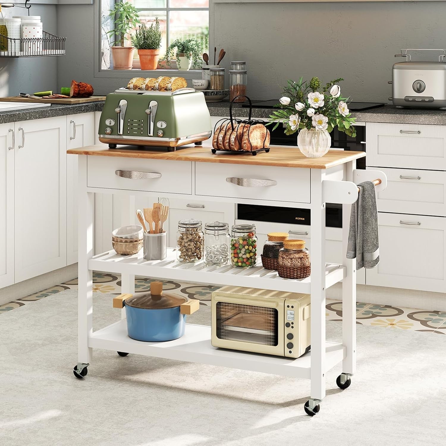 116cm Kitchen Island Cart Rubber Wood Top