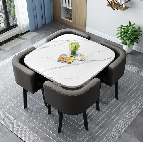 Modern Round Dining Table Set White Chairs, Space Saving Faux Leather Seating