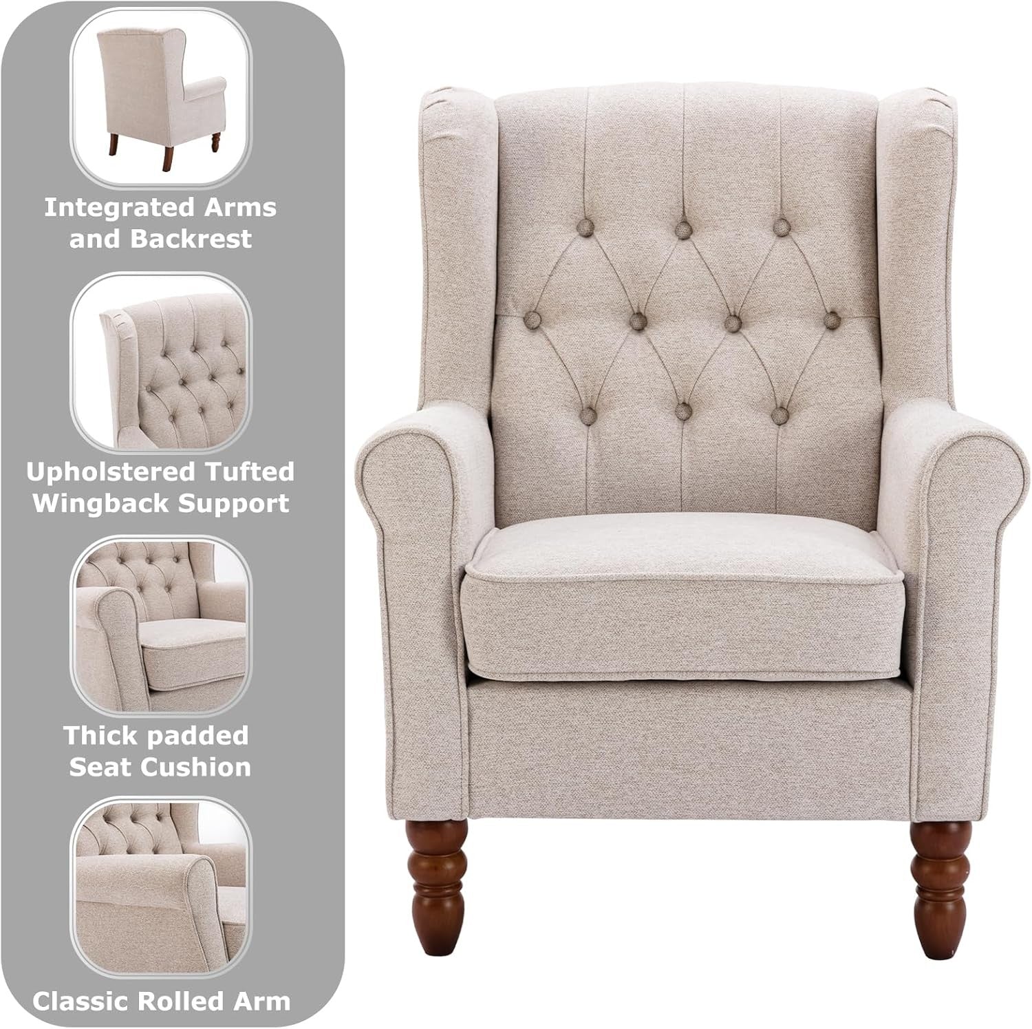 Mid‑Century Modern Wingback Accent Chair Set of 2 – Beige Upholstered Armchairs