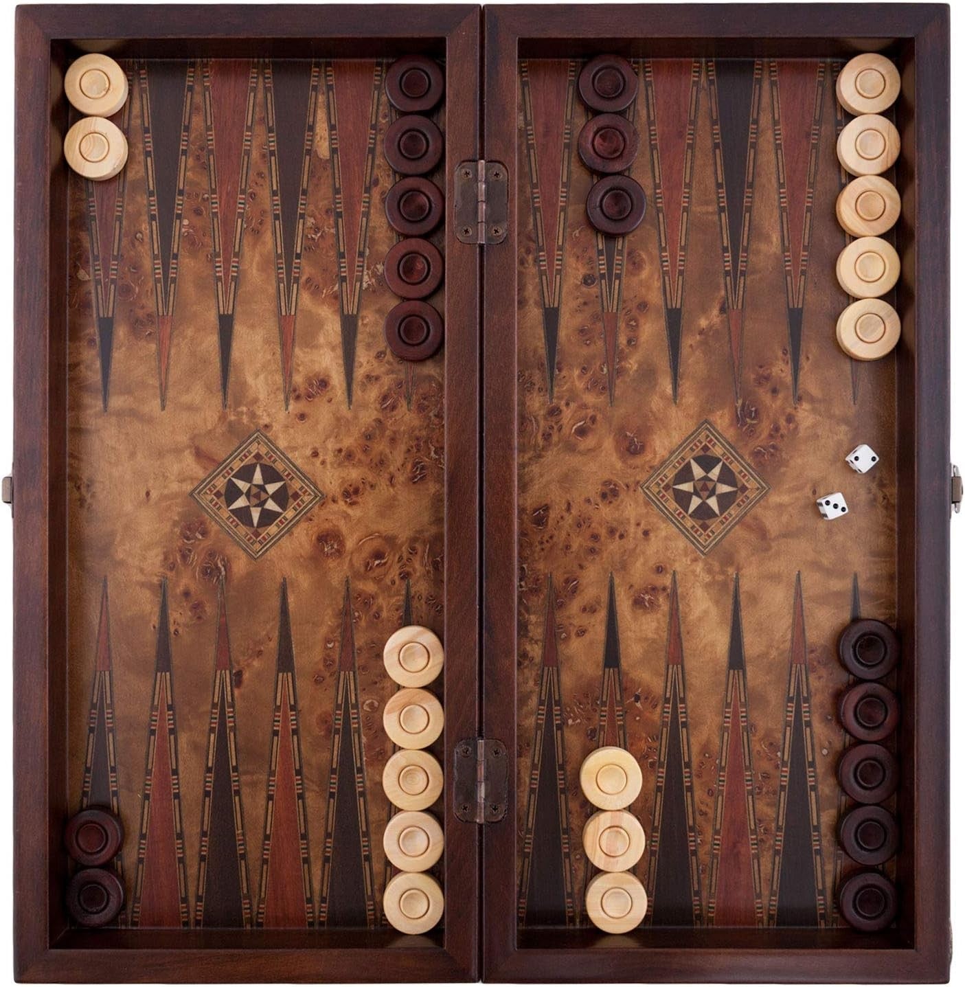 16” Wooden Backgammon Set Luxury Burl Finish Foldable Board Game