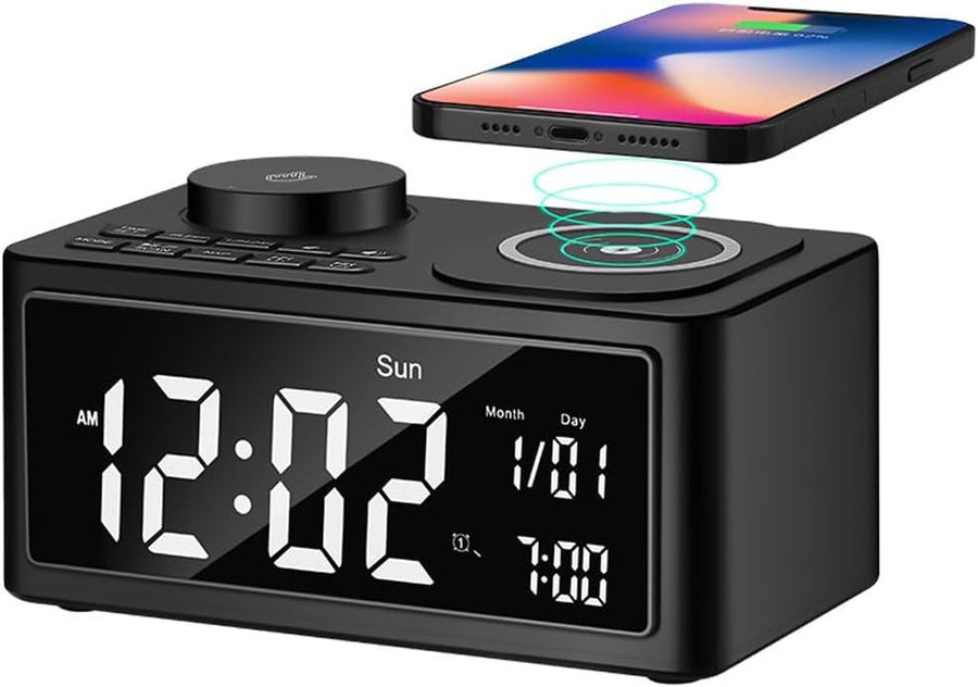 Wireless Charging Alarm Clock Bluetooth Speaker FM Radio Night Light