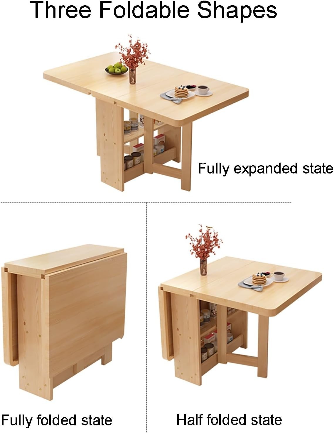 Space Saving Drop Leaf Wooden Table with Storage Shelves Foldable Design