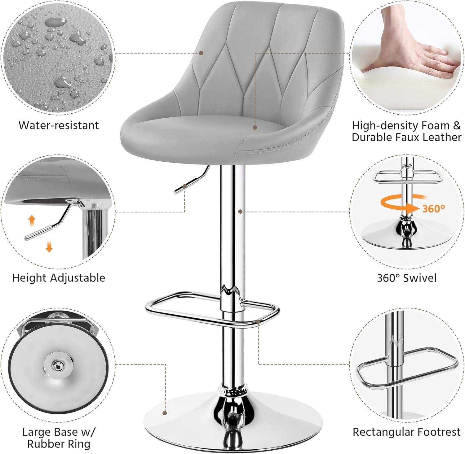 Adjustable Swivel Bar Stools with Backrest & Footrest – Light Grey