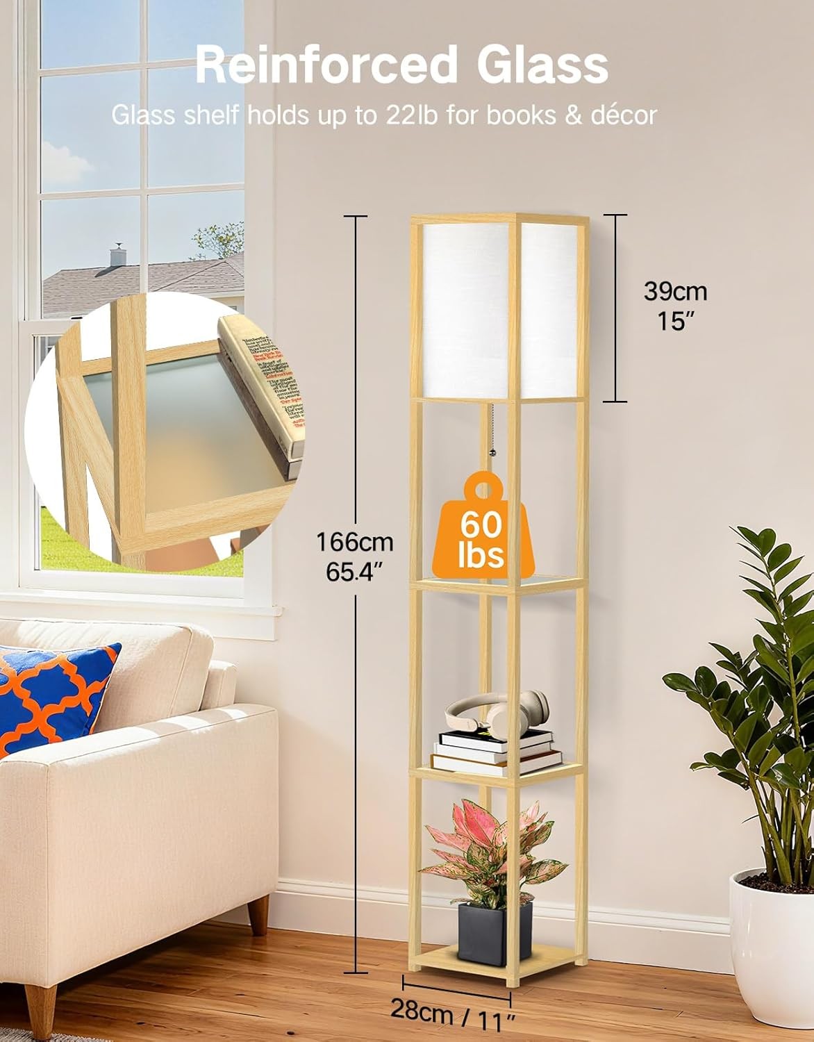 Floor Lamp with Shelves LED Adjustable Colour Standing Storage Light Wood