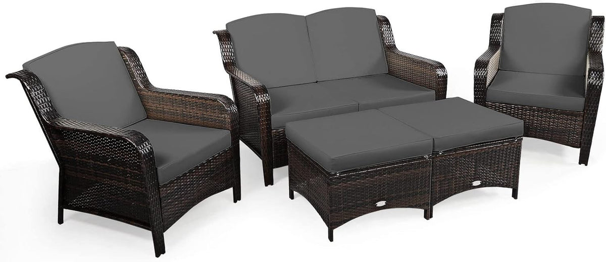 5-Piece Outdoor Rattan Patio Set with Loveseat, Sofas & Ottomans Grey